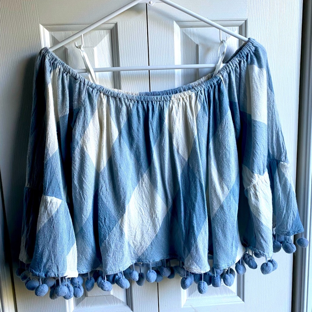 Tularosa Women's Blue Plaid Pom Pom Trim Boho Bell Sleeve Size Small